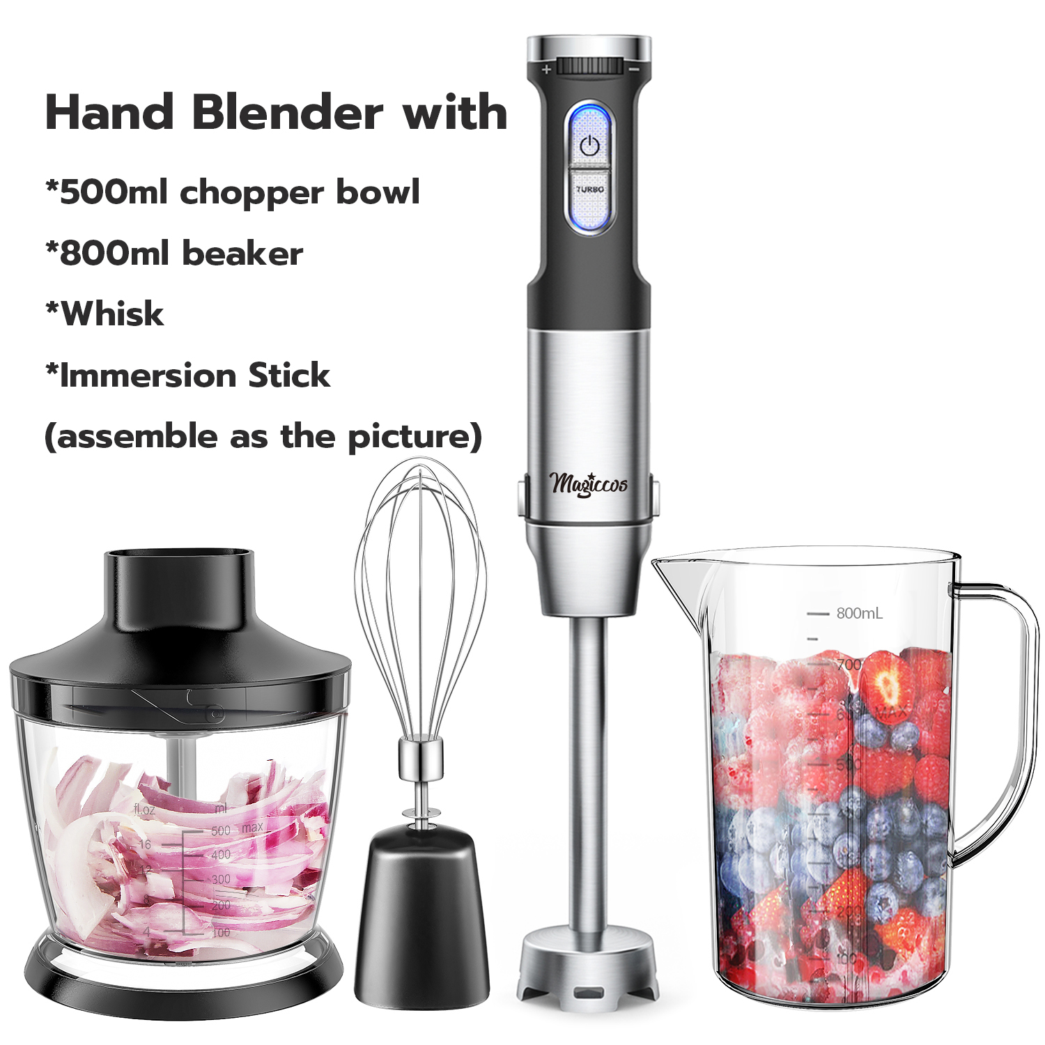 Magiccos Immersion Stick Hand Blender - Variable Speeds & Turbo Function, 800W Powerful Motor, For Shakes & Smoo